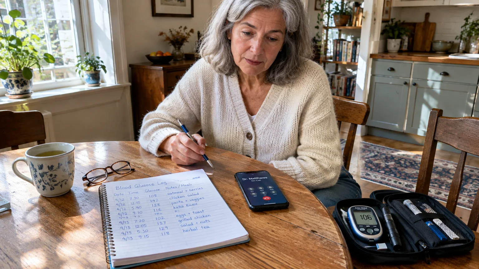 A woman sits at a table with a blood glucose log, a glucose monitor kit, and a phone displaying an incoming doctor call.
