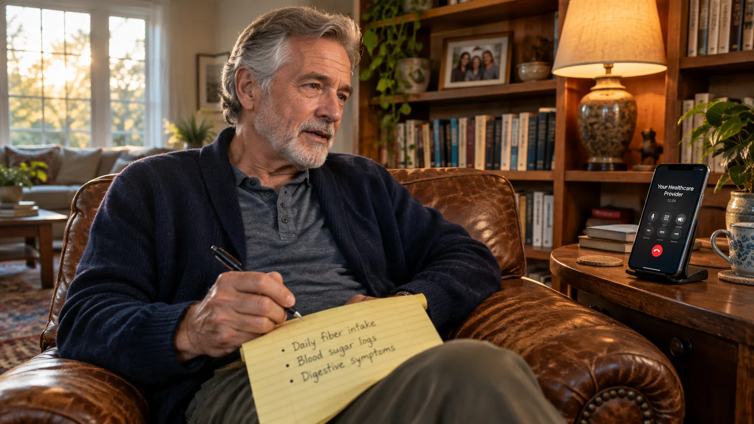 Older man sitting in an armchair writing notes on a pad during a phone call with a healthcare provider.