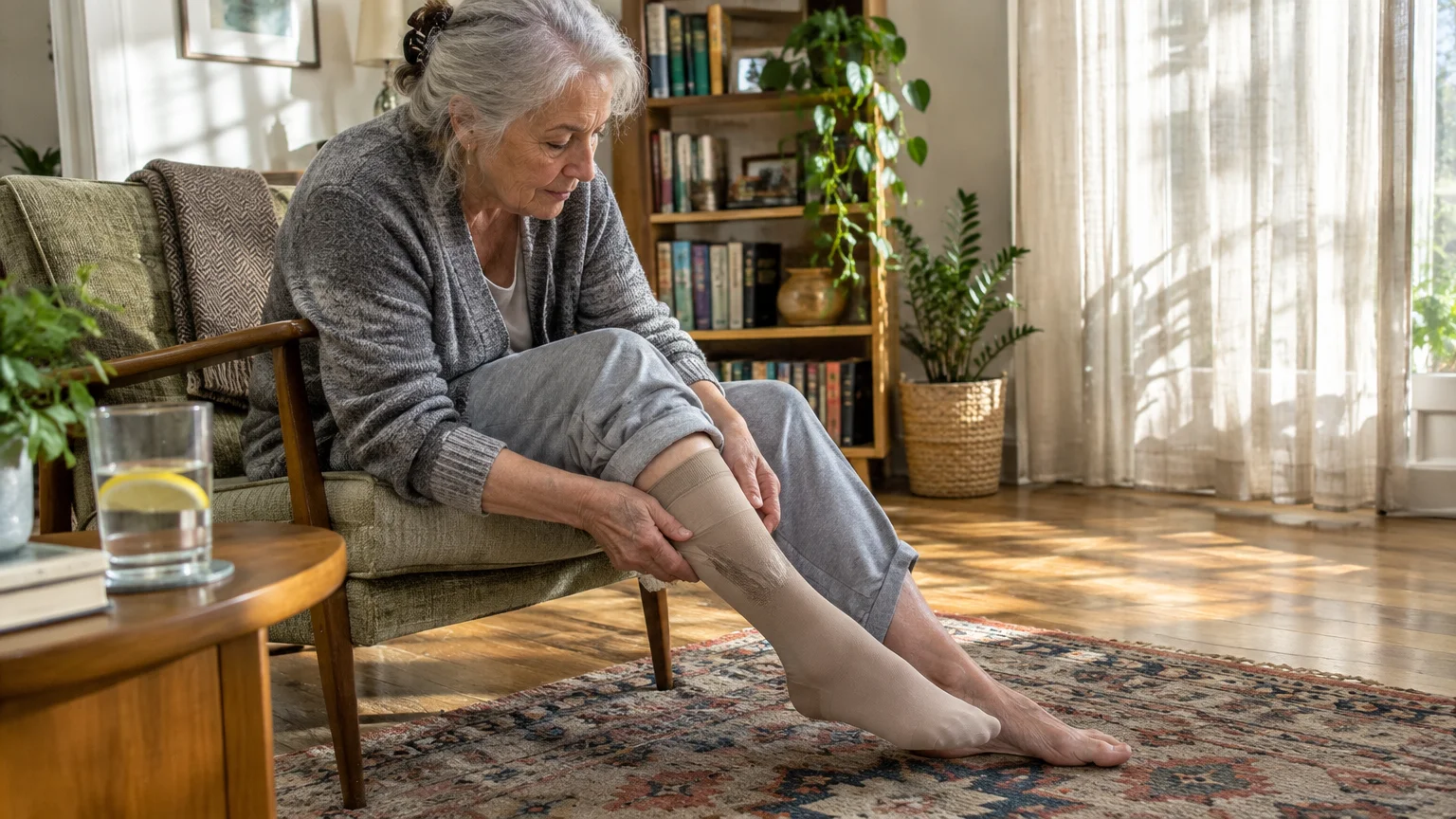 An older woman sitting in an armchair pulls a beige compression sock onto her lower leg in a living room.