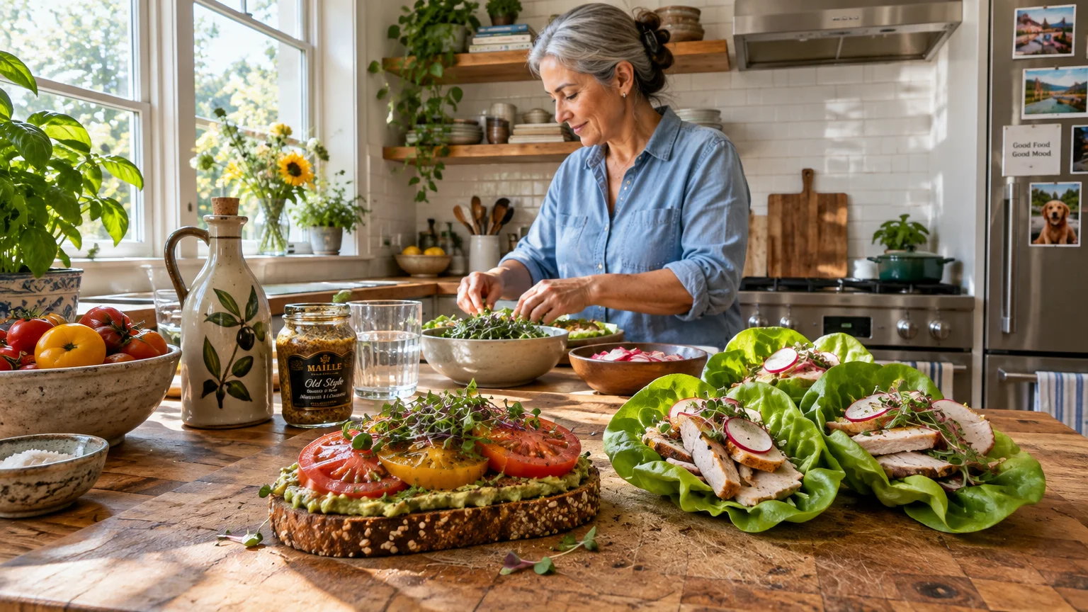 Woman preparing meals behind open-faced seeded toast with sliced tomatoes and chicken lettuce wraps on a wooden counter.