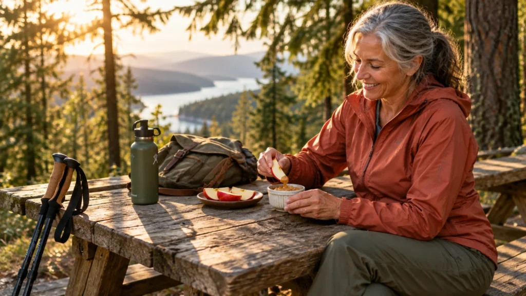 A smiling mature woman sitting at a rustic wooden picnic table dipping an apple slice into peanut butter outdoors.