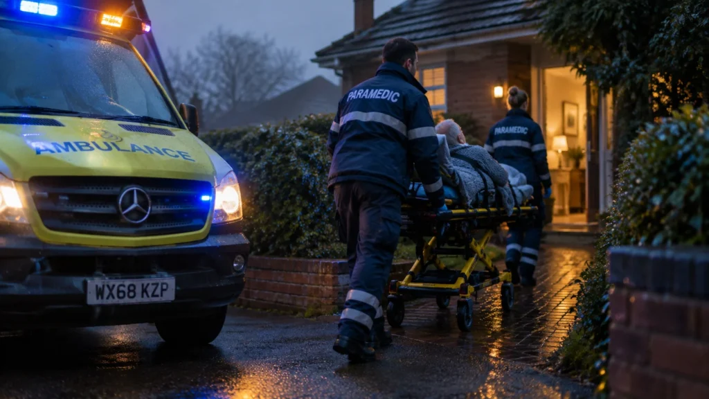 Paramedics wheeling a patient on a stretcher toward a yellow ambulance parked in a driveway at dusk.