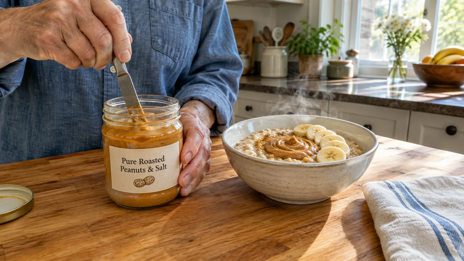 A person stirs a jar of peanut butter beside a steaming bowl of oatmeal topped with sliced bananas.
