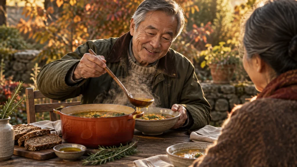 An older man ladles steaming vegetable soup from a red pot into a bowl at a rustic outdoor table.
