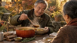 An older man ladles steaming vegetable soup from a red pot into a bowl at a rustic outdoor table.