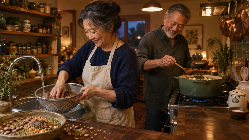 An older couple smiles while washing lentils in a sink and stirring a pot of soup on the stove.