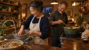 An older couple smiles while washing lentils in a sink and stirring a pot of soup on the stove.