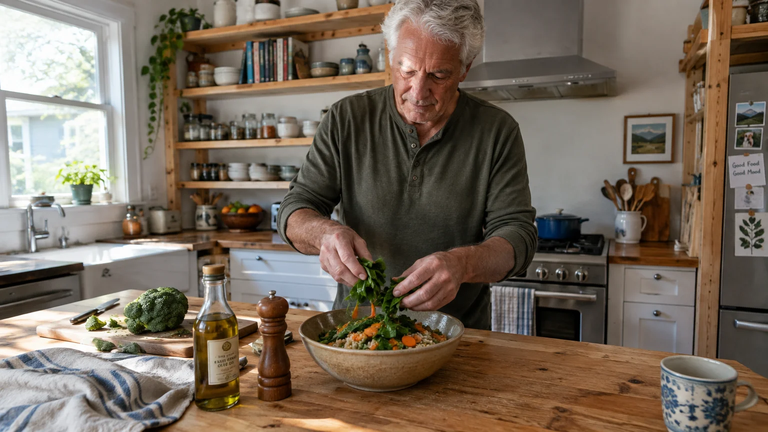 A mature man prepares a salad, adding leafy greens to a bowl on a wooden kitchen island.