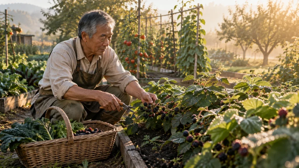 An older Asian man in an apron crouches in a sunlit garden, using shears to harvest fresh blackberries into a basket.