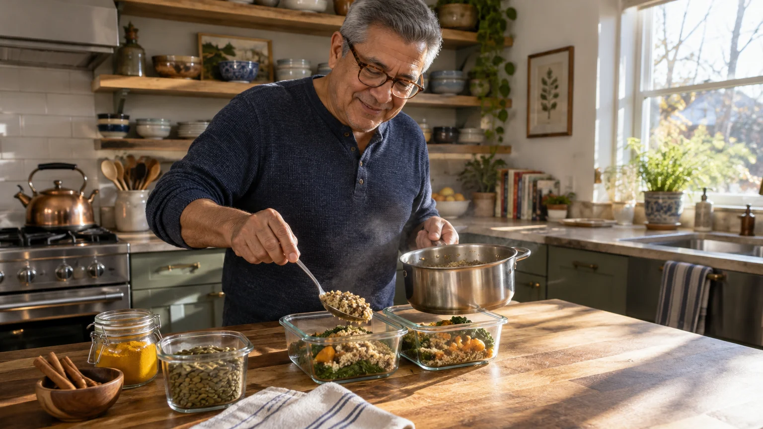 A smiling man in a kitchen spoons cooked grains from a pot into glass meal prep containers with greens and squash.