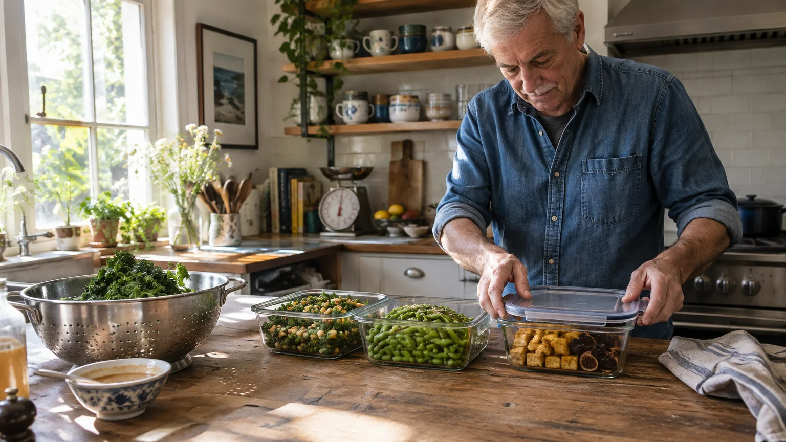 Man in a denim shirt sealing glass meal-prep containers filled with greens, edamame, and tofu on a kitchen island.