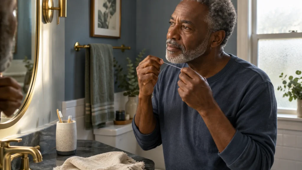 A senior man with a grey beard looks into a bathroom mirror while holding dental floss between his hands.