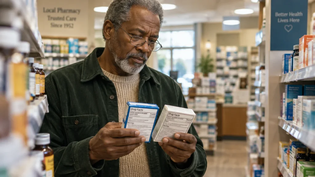 A senior man wearing glasses stands in a pharmacy aisle closely comparing the drug facts labels on two medicine boxes.