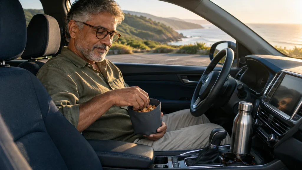 A mature man sitting in the driver's seat of a parked car eats snacks from a pouch overlooking the coast.