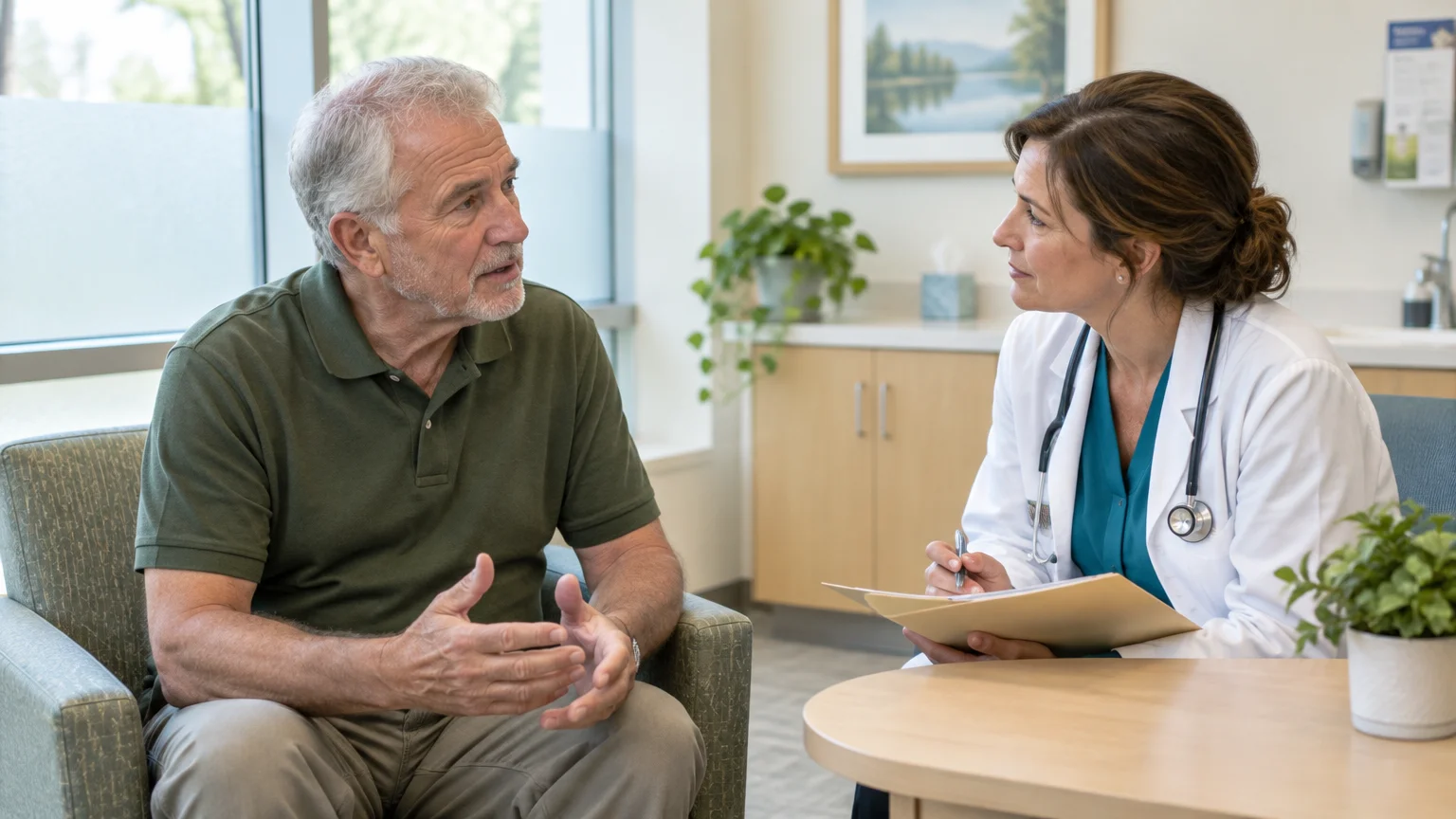 An older man speaks with a female doctor holding a chart folder across a small table in a clinic office.
