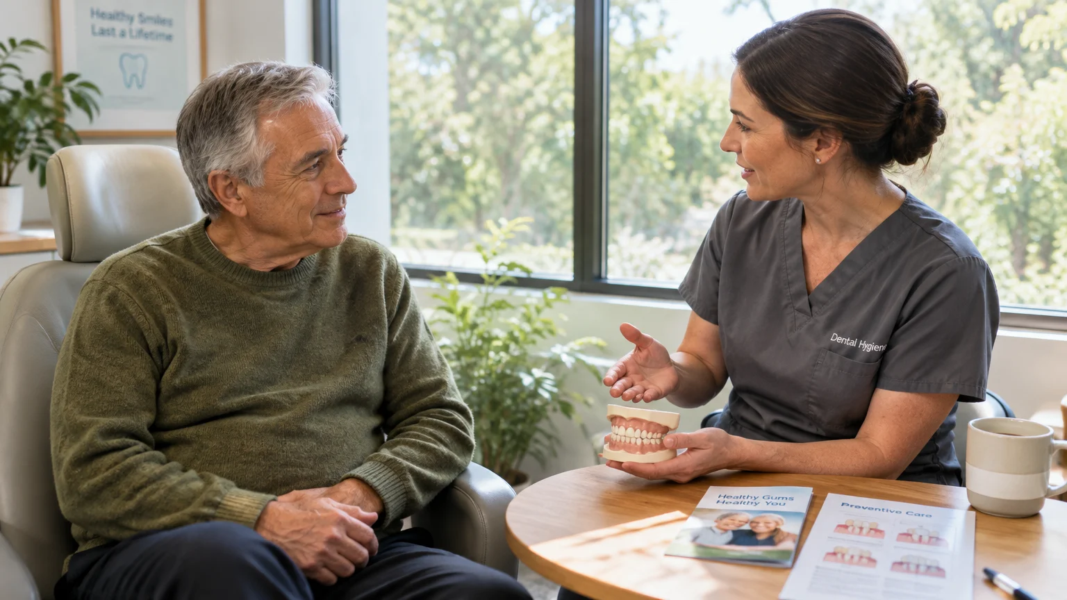 A dental hygienist holding a model of teeth while consulting with an older man seated in a clinic chair.