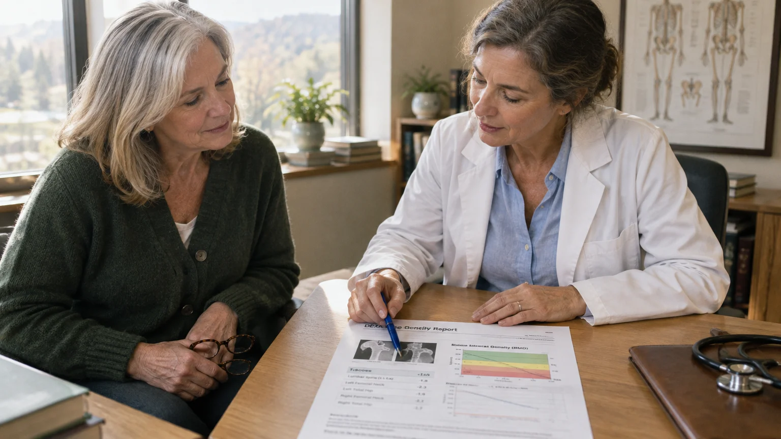 A female doctor in a lab coat reviews a printed bone density report with a mature woman sitting across a wooden desk.