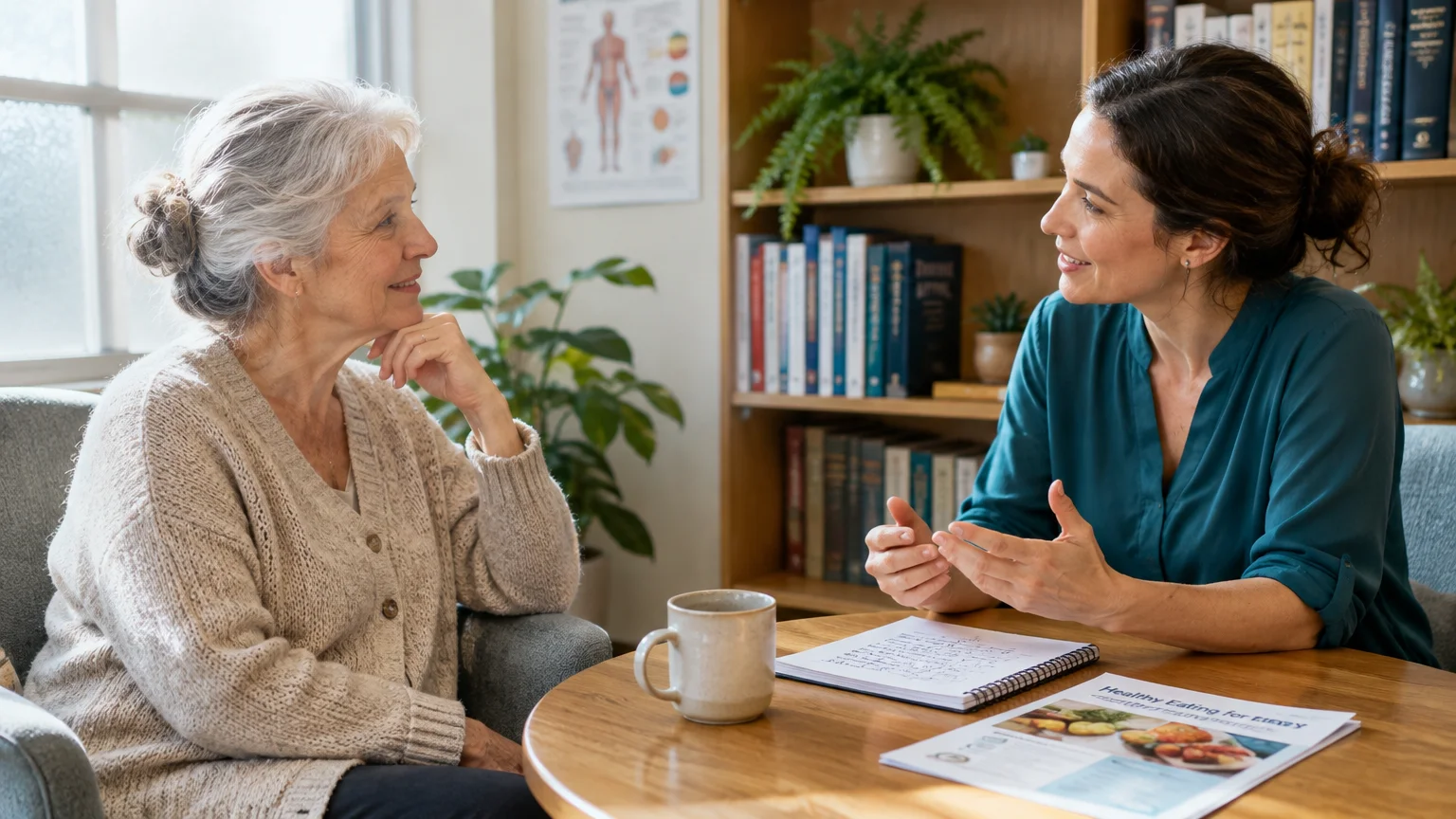 A woman speaks with an older woman seated across a round wooden table with papers and a mug in an office.