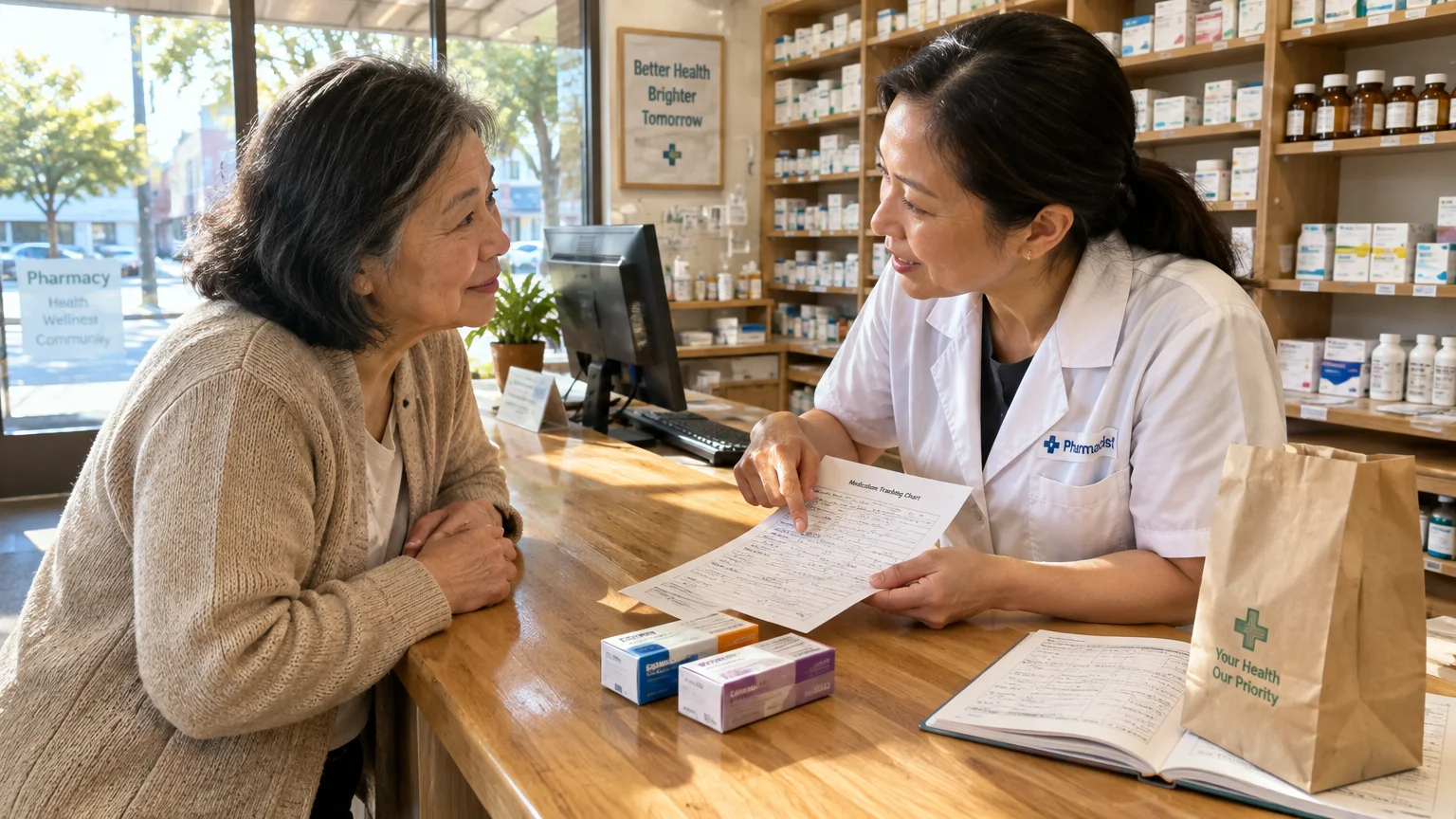 A pharmacist points to a chart on a counter while speaking with a senior woman in a pharmacy setting.