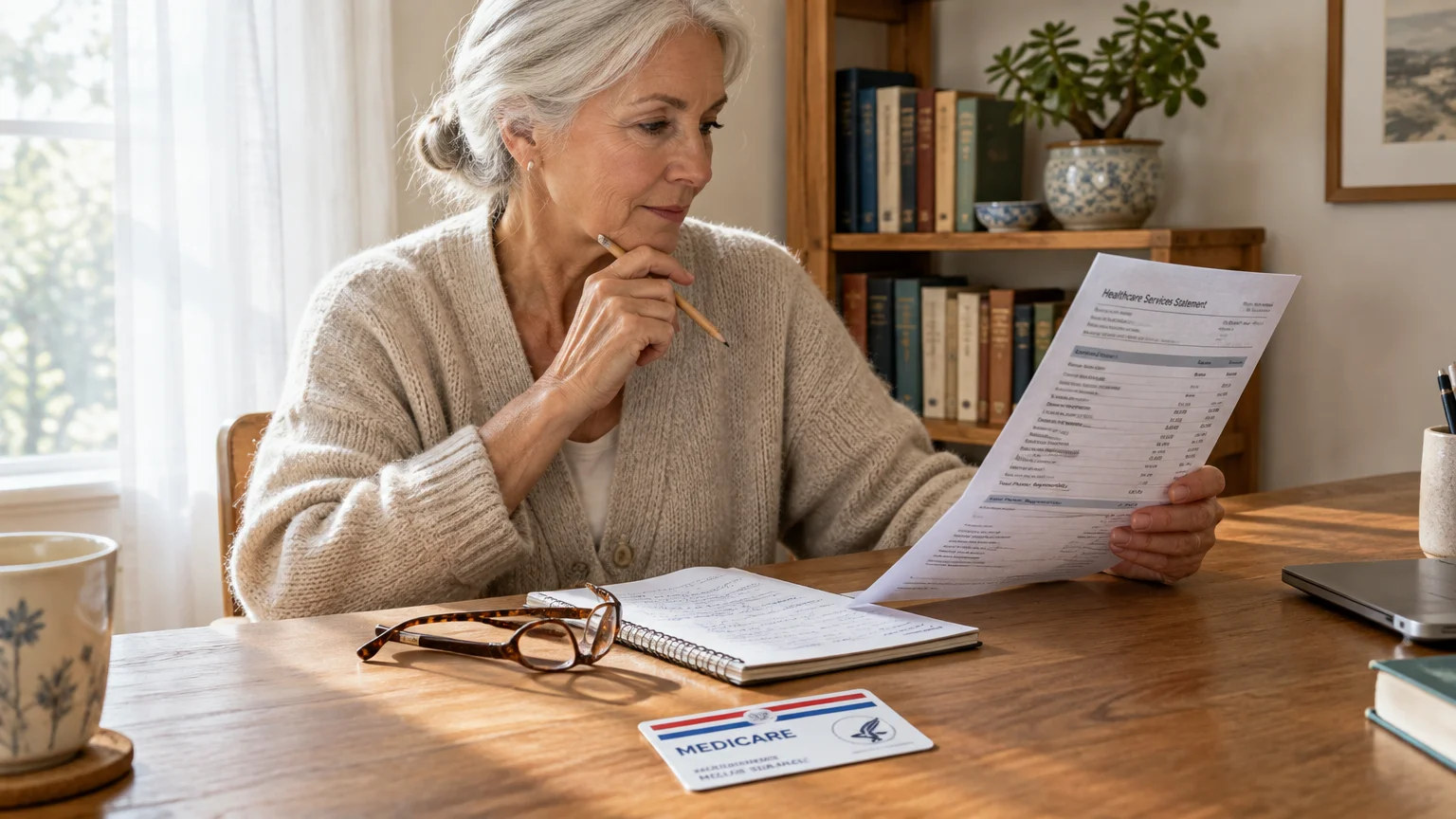 A senior woman reviews a healthcare services statement at a wooden desk with a Medicare card, notebook, and glasses.
