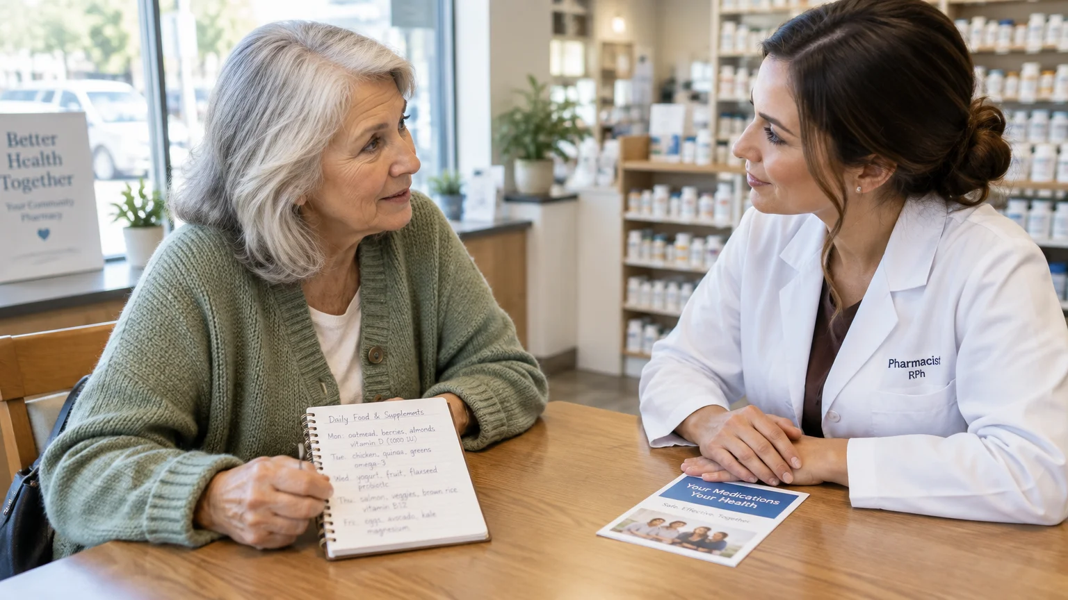 A senior woman reviews a handwritten food and supplement notebook across a pharmacy table with a pharmacist in a white coat.