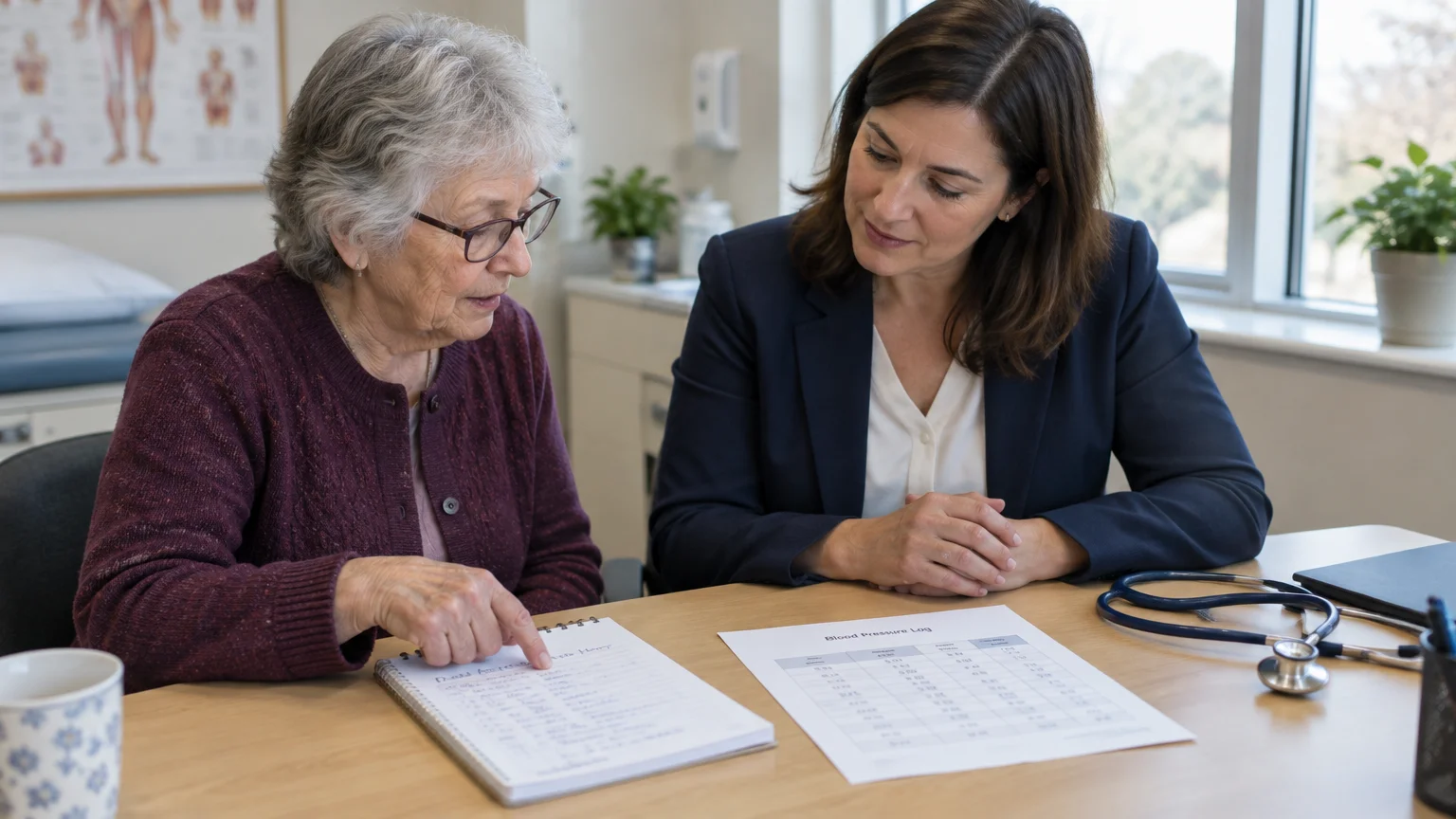 An older woman points to a notebook while speaking with a female doctor across a desk with a medical chart.