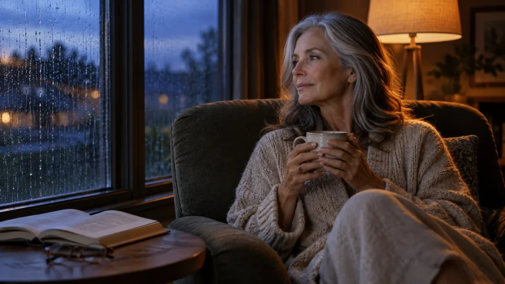 A mature woman in a cozy sweater sits in an armchair holding a mug beside a rainy window.