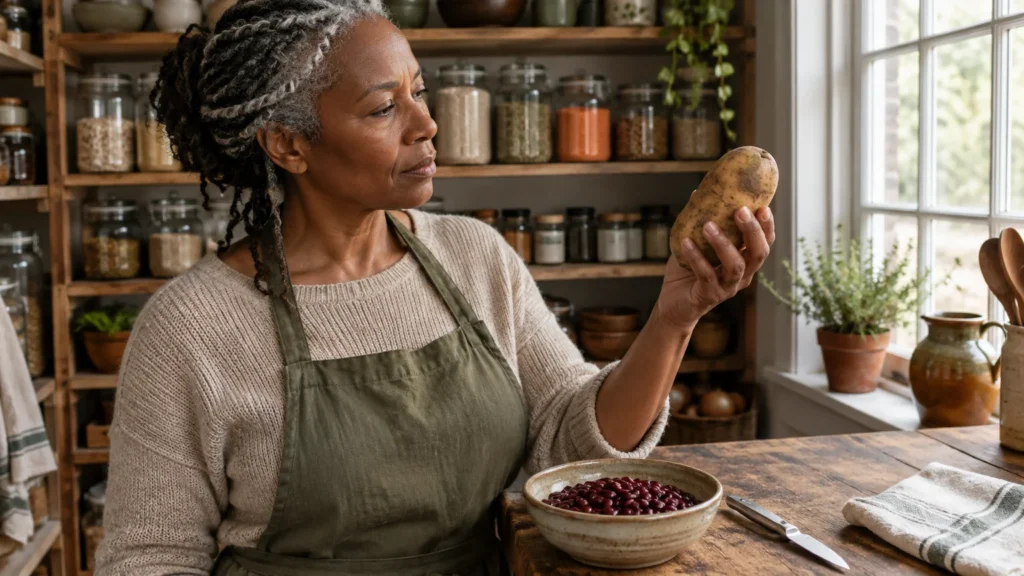 An older woman wearing an apron stands in a rustic pantry kitchen, examining a raw potato in her hand.