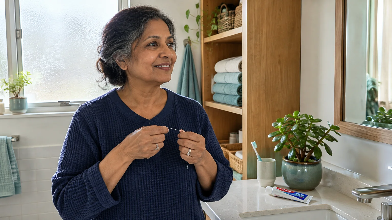 Smiling woman in a blue robe holding dental floss between her fingers in a bright bathroom.