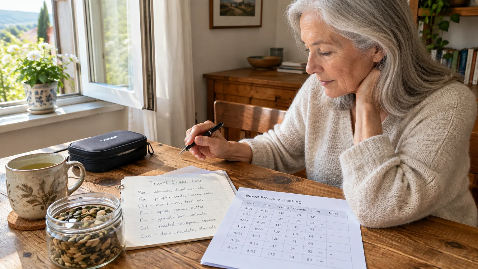 Woman writing in a travel snack log at a table next to a blood pressure tracking sheet and jar of seeds.