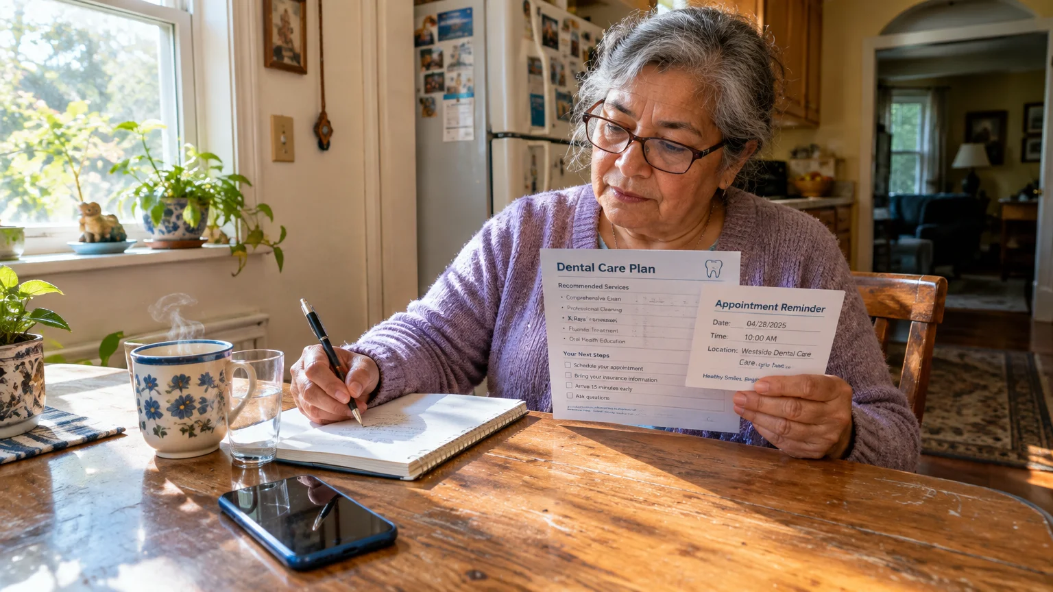 A woman with glasses sits at a wooden table reviewing a dental care plan and appointment reminder card while writing.