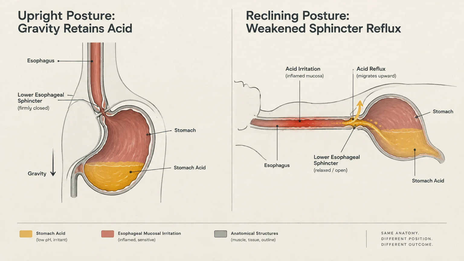 Diagram comparing upright posture retaining stomach acid with reclining posture showing acid reflux into the esophagus.