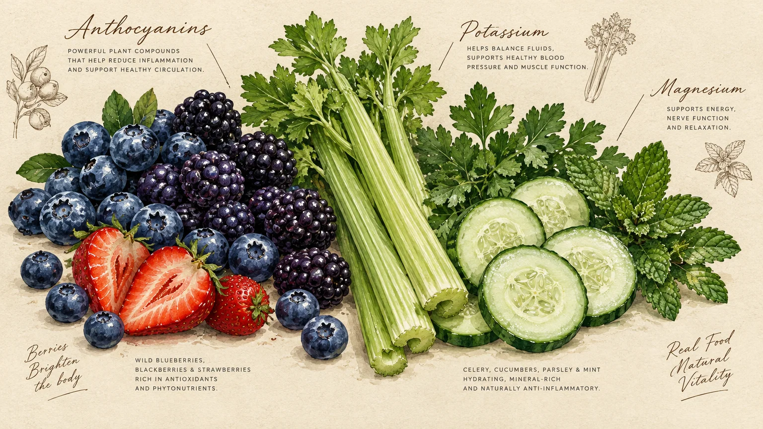 Illustration of berries, celery stalks, cucumber slices, parsley, and mint leaves with labeled nutritional benefits.
