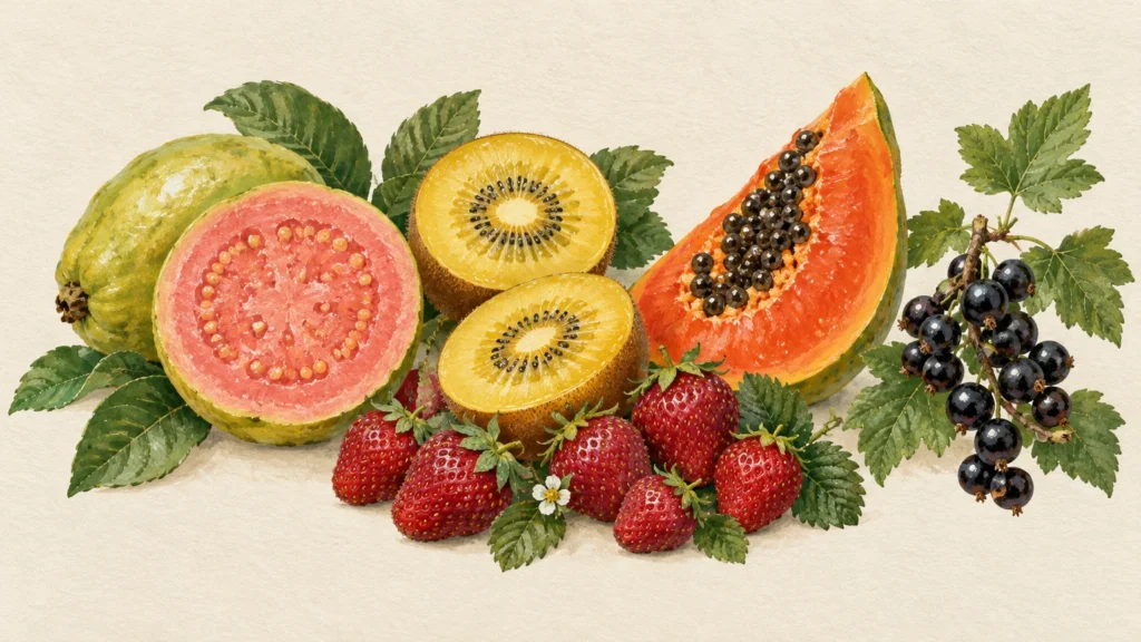 Botanical gouache painting of guava, golden kiwi, papaya, strawberries, and blackcurrants with leaves on a light background.
