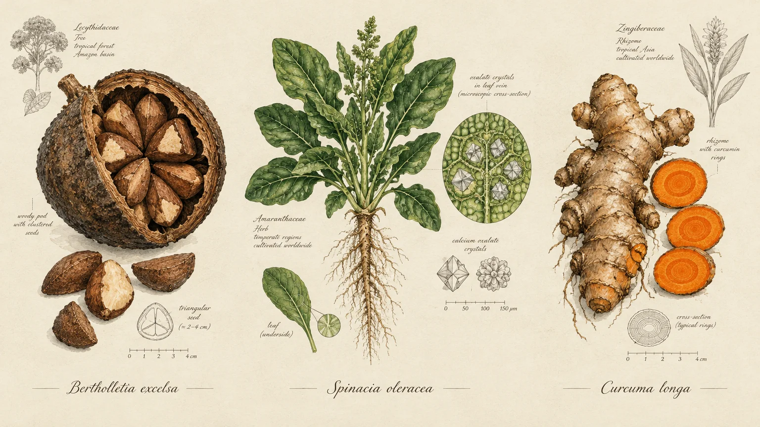 Botanical illustrations of Brazil nuts, a spinach plant with oxalate crystals, and a turmeric rhizome with cross sections.