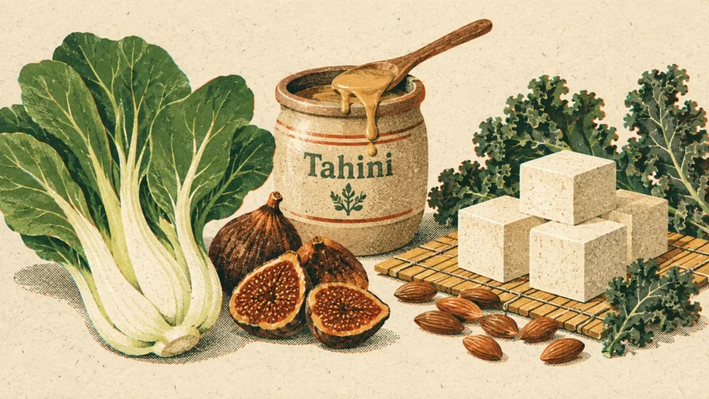 Illustration of bok choy, tahini in a jar, sliced figs, tofu cubes, almonds, and kale on a beige background.