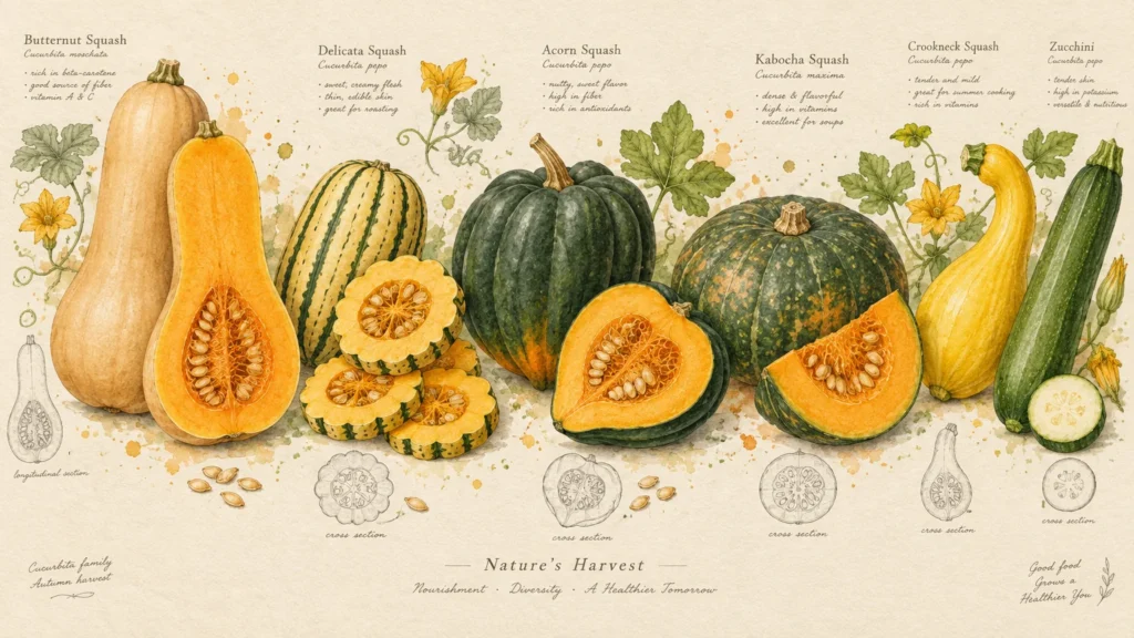 Watercolor botanical chart of various squash varieties including butternut, delicata, acorn, and zucchini with cross sections.