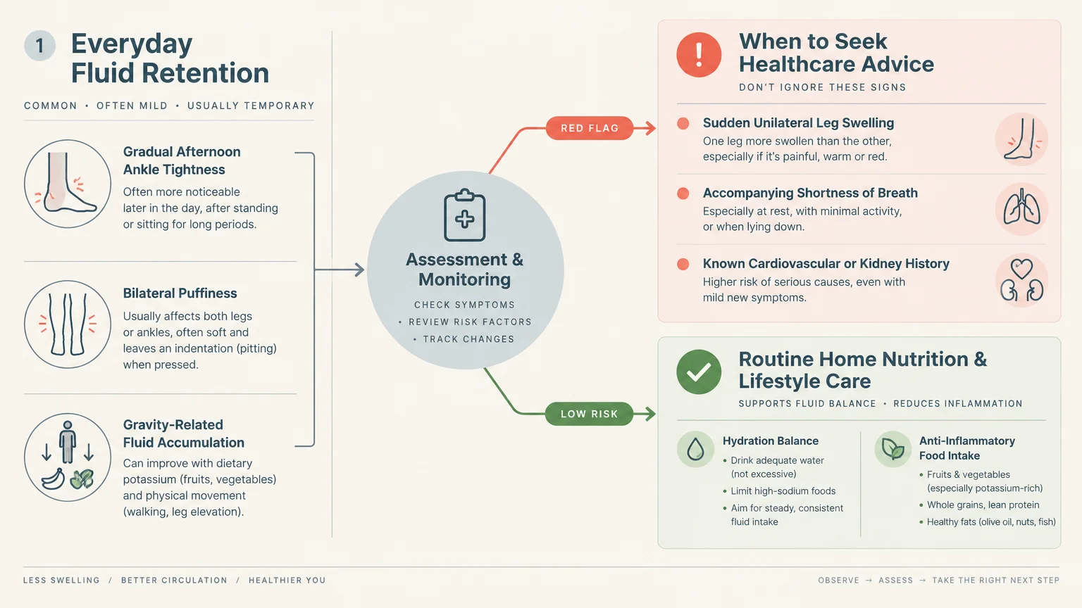 Diagram categorizing fluid retention into everyday causes versus red-flag symptoms that require medical care.