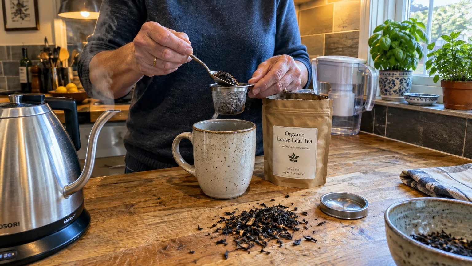 A person spoons loose tea leaves into a metal strainer over a ceramic mug beside an electric kettle on a counter.