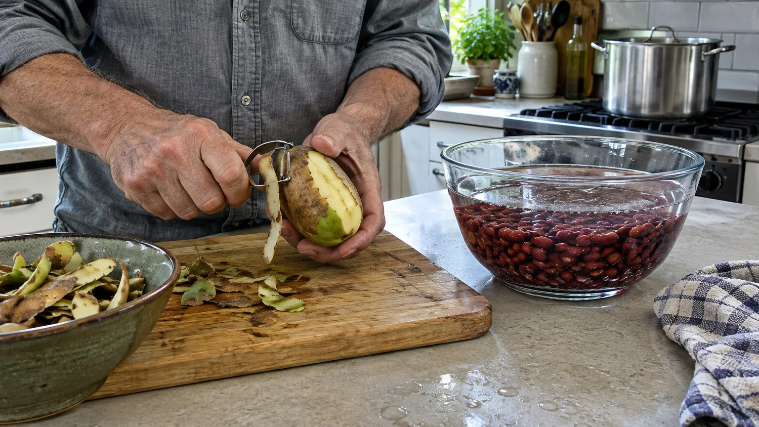 A person peeling a potato over a cutting board next to a large glass bowl of red beans soaking in water.