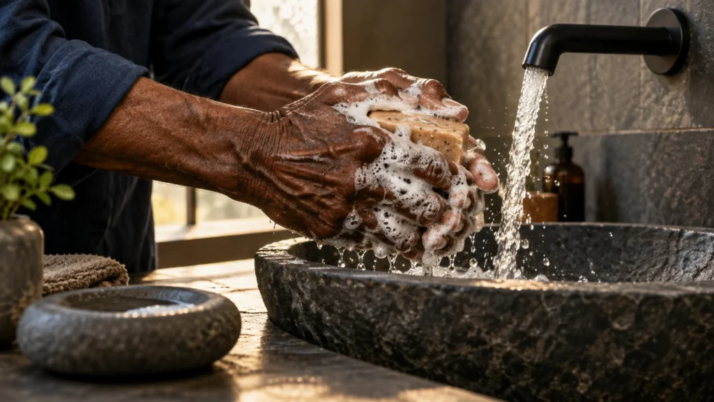 An older person washing their soapy hands with a bar of soap over a dark stone basin sink under running water.