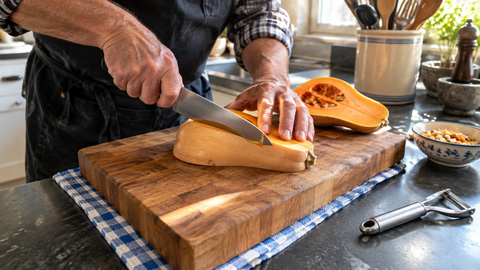 A person slicing a halved butternut squash on a wooden cutting board set over a blue checkered towel.