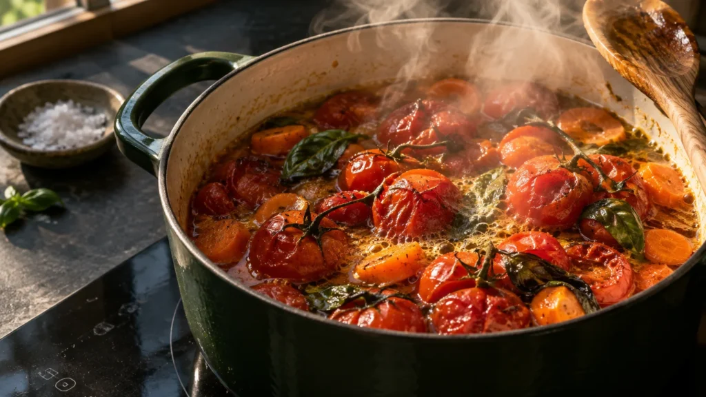 Steaming pot of simmered tomatoes, carrots, and basil on a stovetop with a wooden spoon resting on the rim.