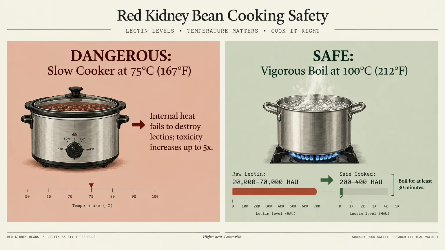 Diagram contrasting slow cooker at 75°C increasing lectin toxicity against vigorous boiling at 100°C for kidney bean safety.