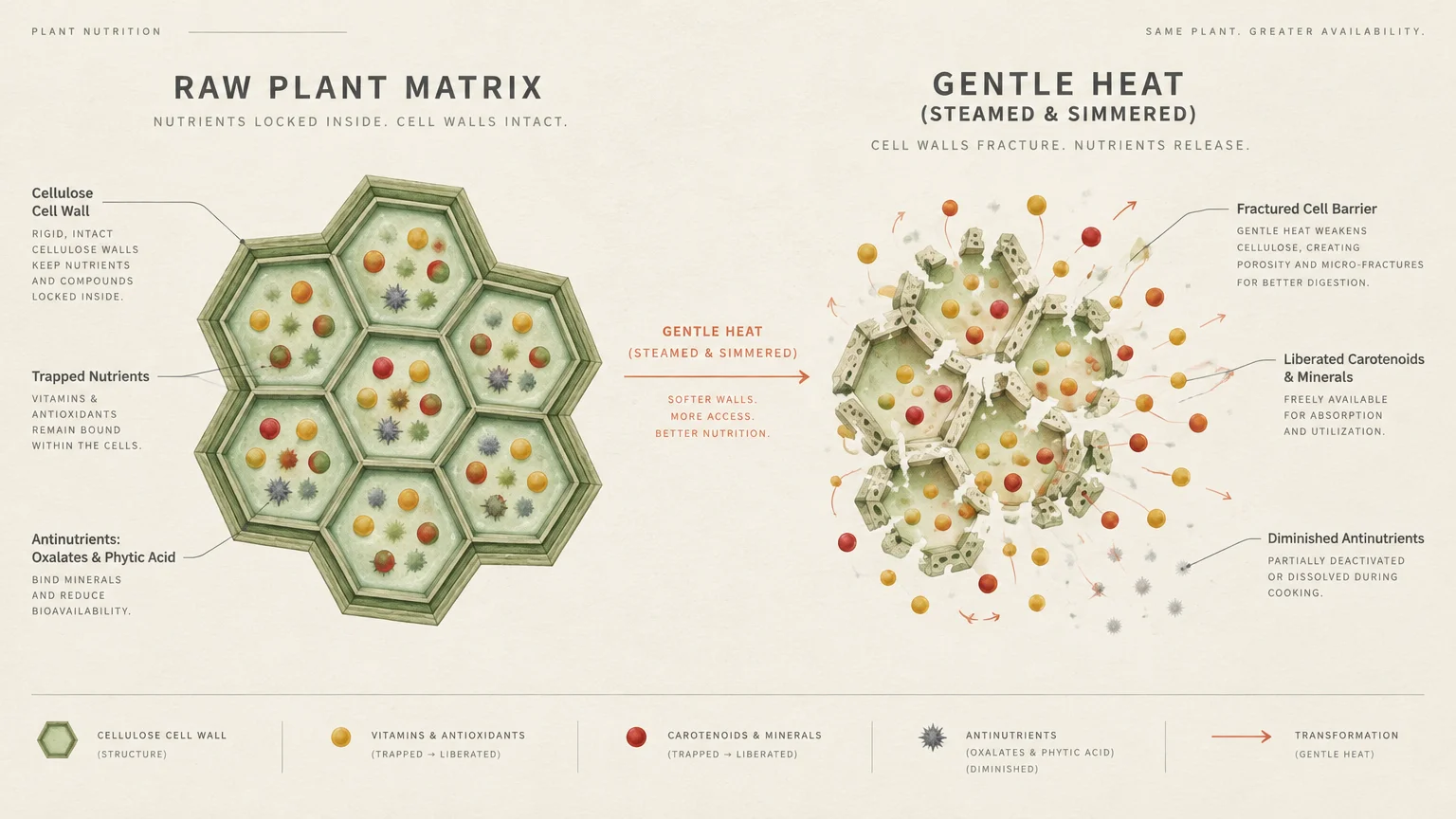 Diagram contrasting an intact raw plant matrix with gentle heat fracturing cell walls and liberating trapped nutrients.