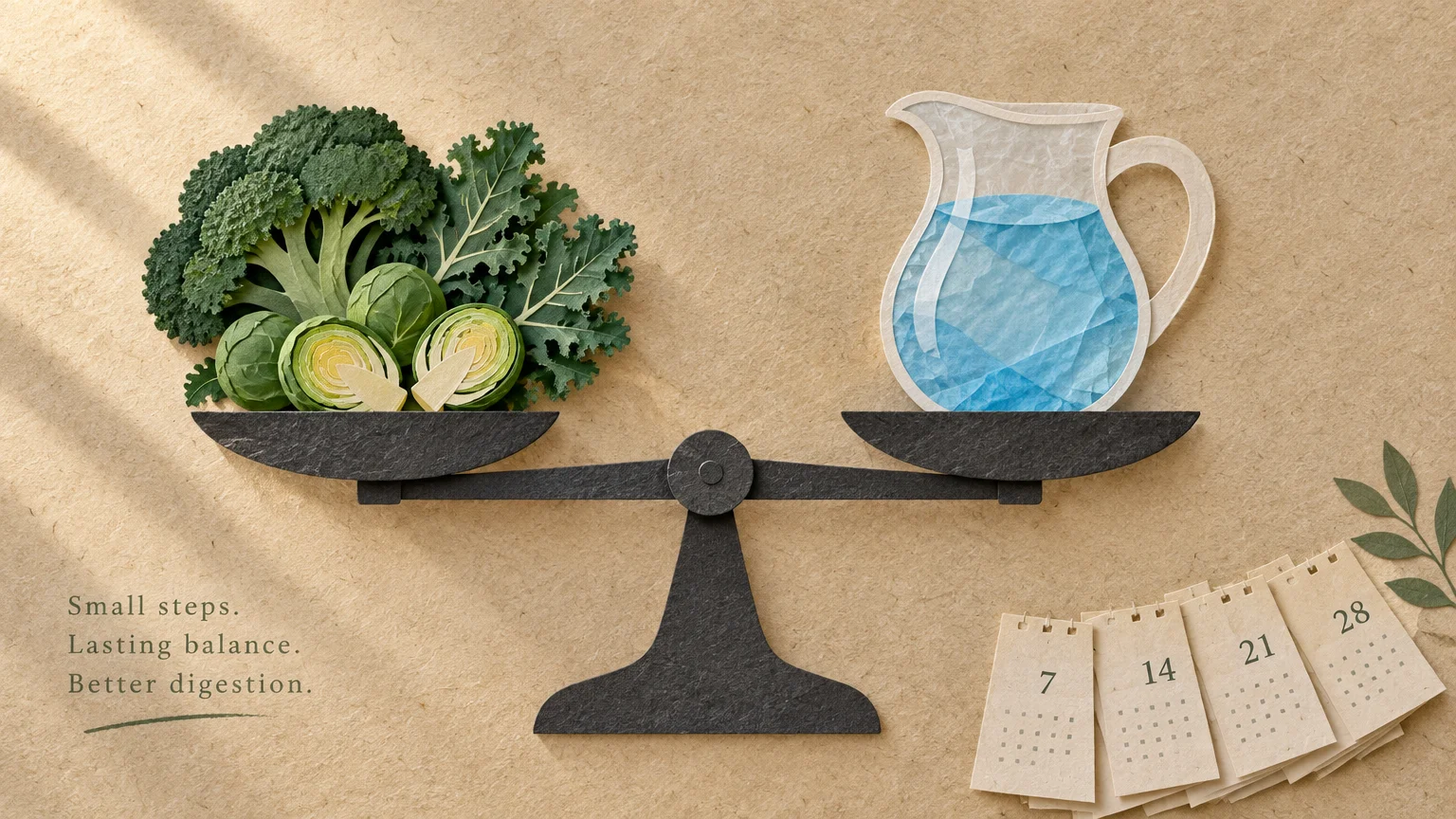 Paper craft scale balancing green vegetables and a pitcher of water above calendar pages on a tan background.