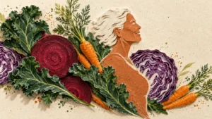 Paper collage profile of a woman surrounded by kale, sliced beets, carrots, and purple cabbage.