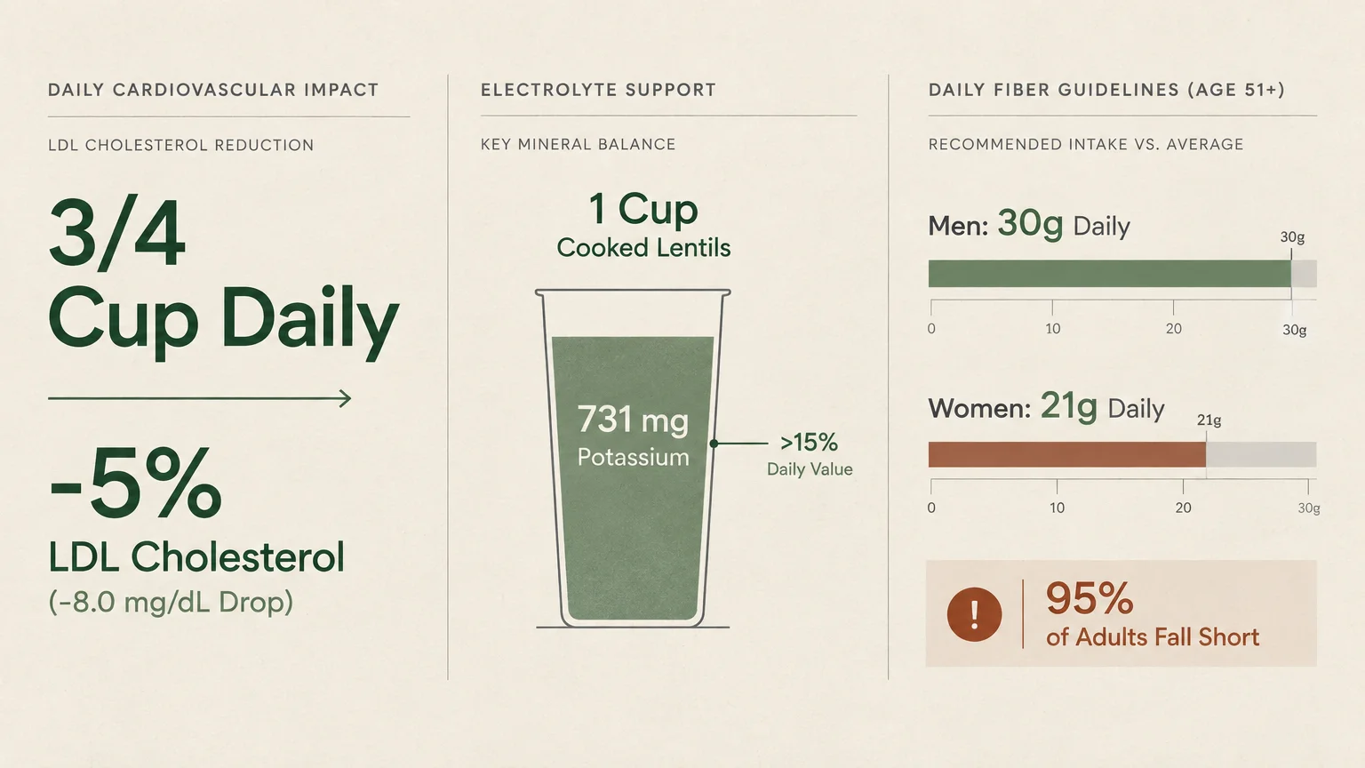 Infographic showing cardiovascular impact, potassium in cooked lentils, and daily fiber guidelines for men and women.