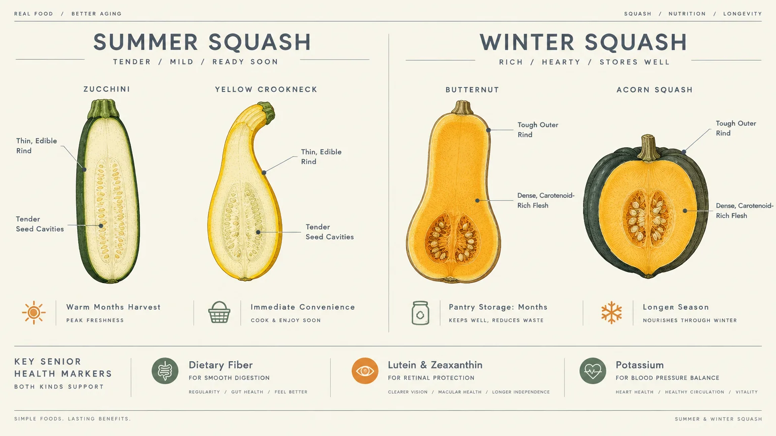 Diagram comparing cross sections of summer squash like zucchini to winter squash varieties like butternut.