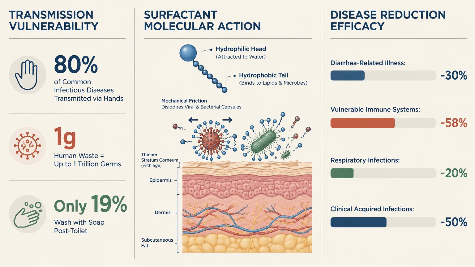 Diagram illustrating surfactant molecular action on skin layers, transmission statistics, and disease reduction percentages.